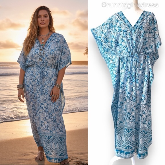 Made India Blue & White Paisley Printed Kaftan Dress With Adjustable Waist O/S